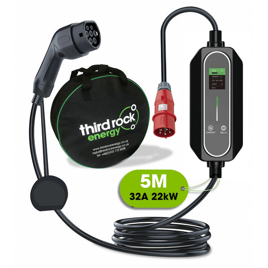 3 Phase Portable EV Charger, Type 2 to 32A to CEE Plug, Variable Amp Settings, 22Kw, 5 Metre